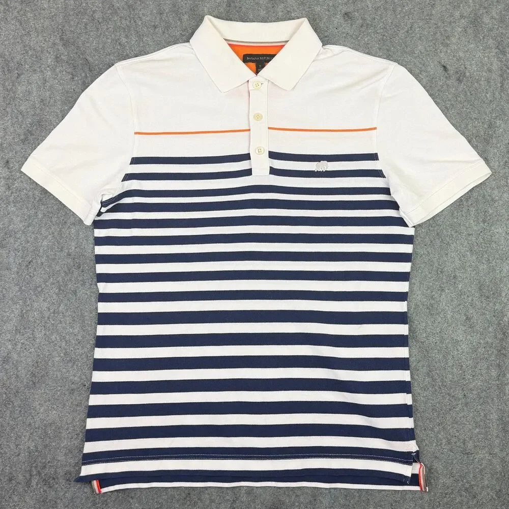 Men's Banana Republic Heritage Elephant Polo Shirt Size Small White Navy Orange
